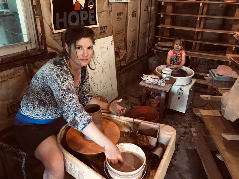 Amy at the wheel in the studio